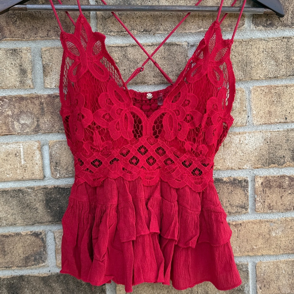 Free people Red Lace Ruffled Cami Top